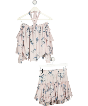MISA Los Angeles Pale Pink Floral Mini Skirt And Top Set UK XS