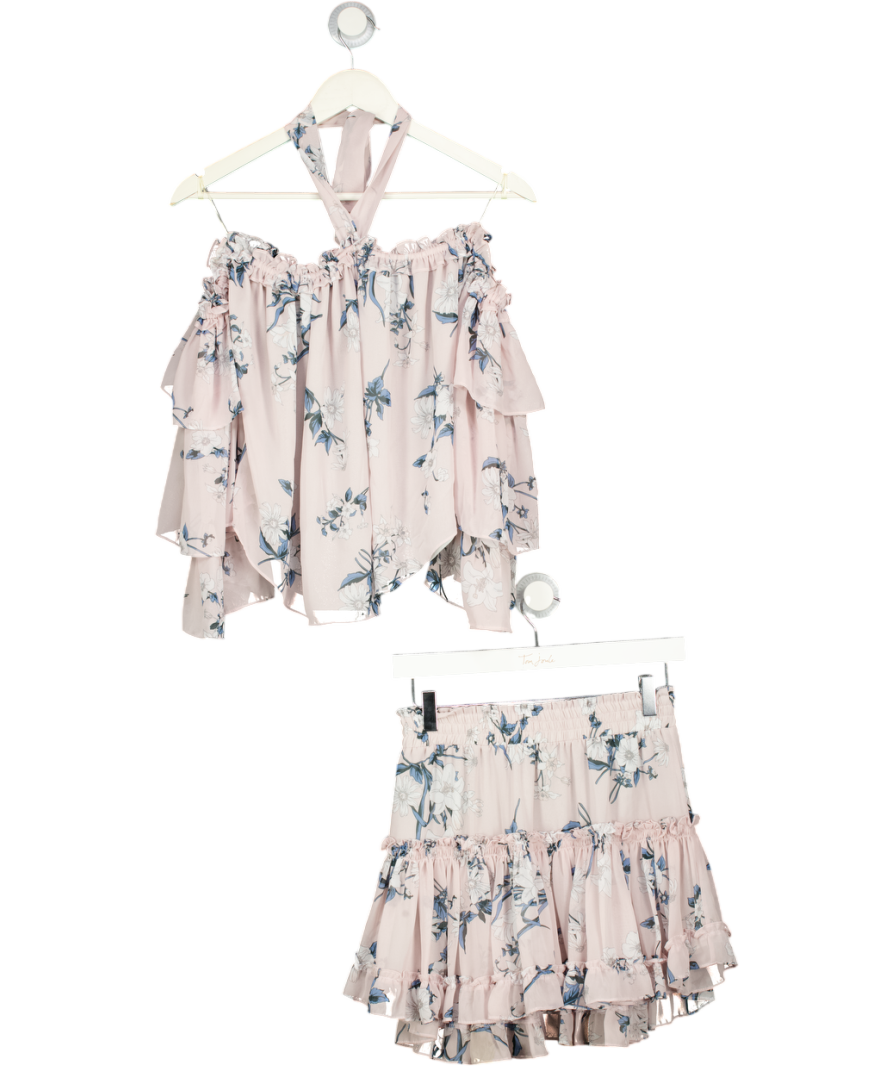 MISA Los Angeles Pale Pink Floral Mini Skirt And Top Set UK XS