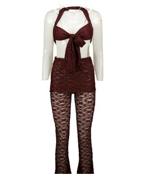 LUANA THE LABEL Chocolate Brown 2-piece Mesh Lace Top And Trouser Set UK S