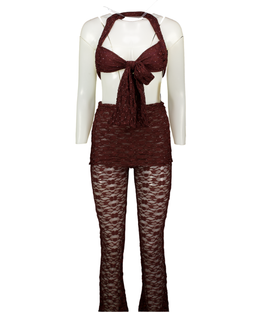 LUANA THE LABEL Chocolate Brown 2-piece Mesh Lace Top And Trouser Set UK S