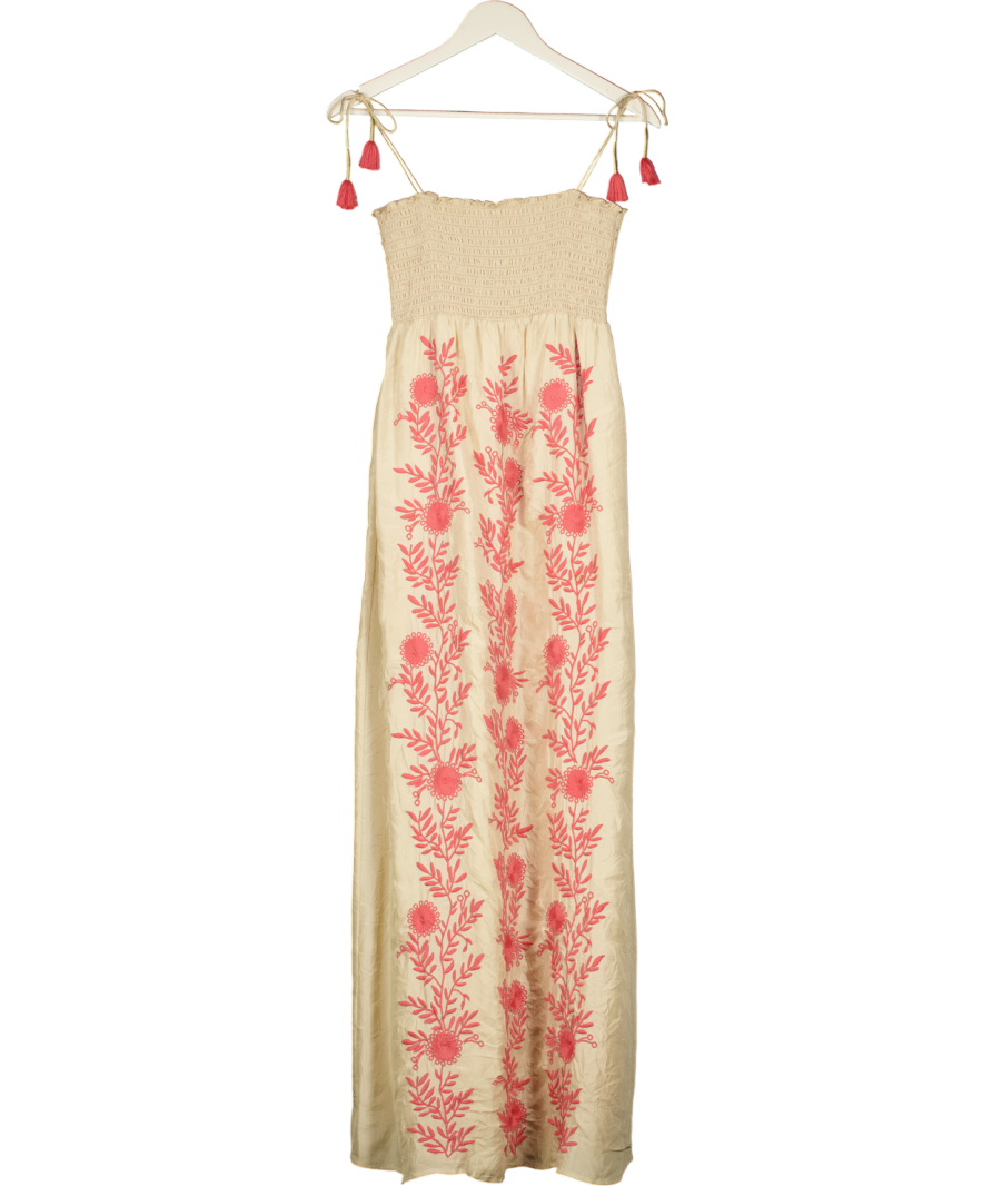 Juicy Couture Beige Pink Floral Embroidered Shirred Bodice Maxi Dress UK S