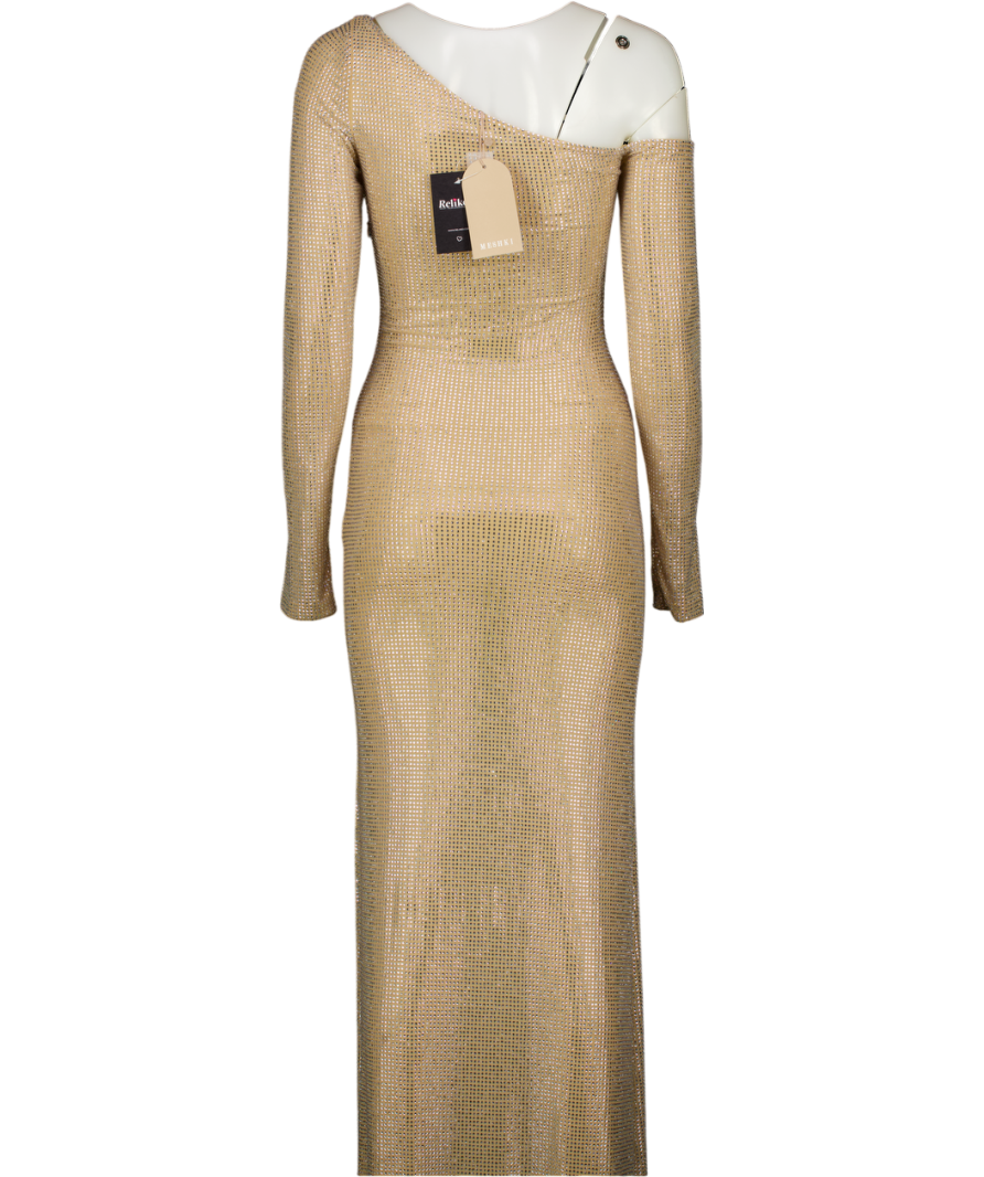 MESHKI Nude Marcia Diamante Long Sleeve Maxi Dress UK XS