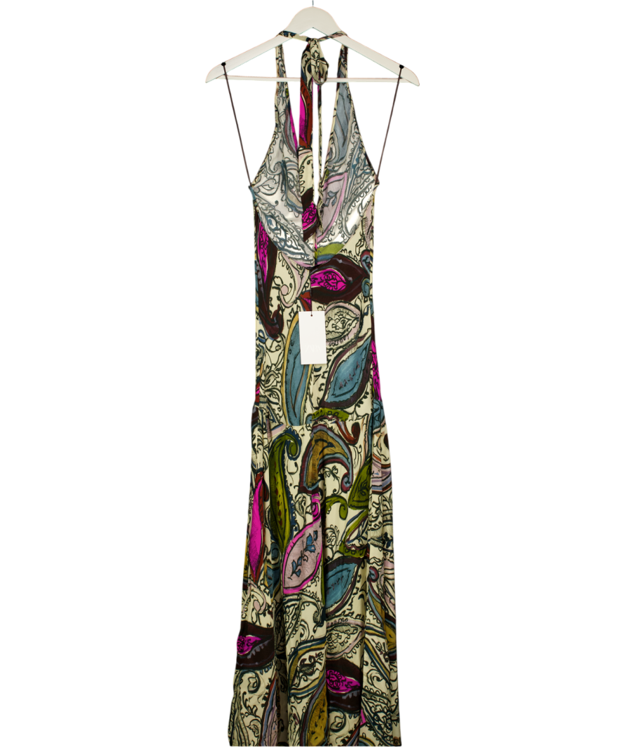 ZARA Multicoloured Paisley Printed Halter Maxi Dress UK XS
