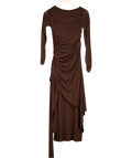 Fabrique Brown Viet Runched Pleated Long Sleeve Maxi Dress In Tencel Merino Knit UK XS