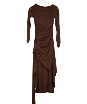 Fabrique Brown Viet Runched Pleated Long Sleeve Maxi Dress In Tencel Merino Knit UK XS