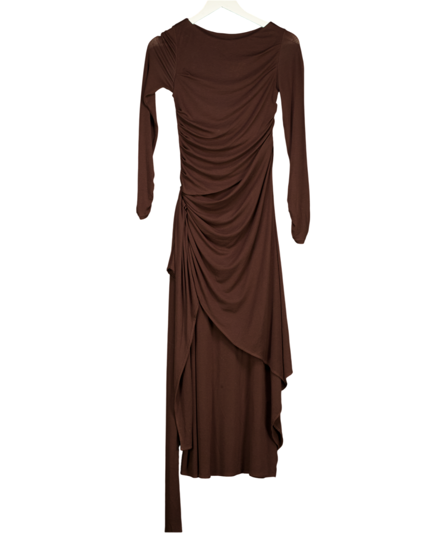Fabrique Brown Viet Runched Pleated Long Sleeve Maxi Dress In Tencel Merino Knit UK XS
