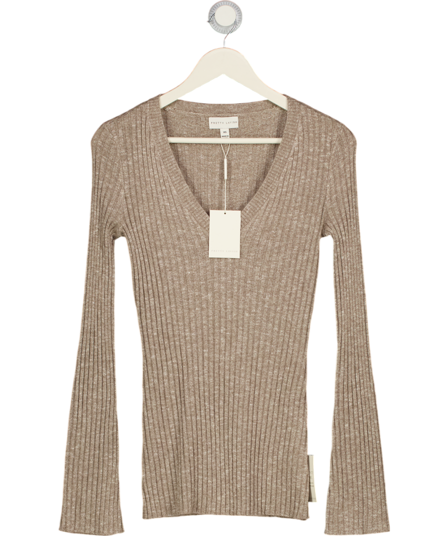PRETTY LAVISH Grey Jessie V Neck Ribbed Knit Top UK XS
