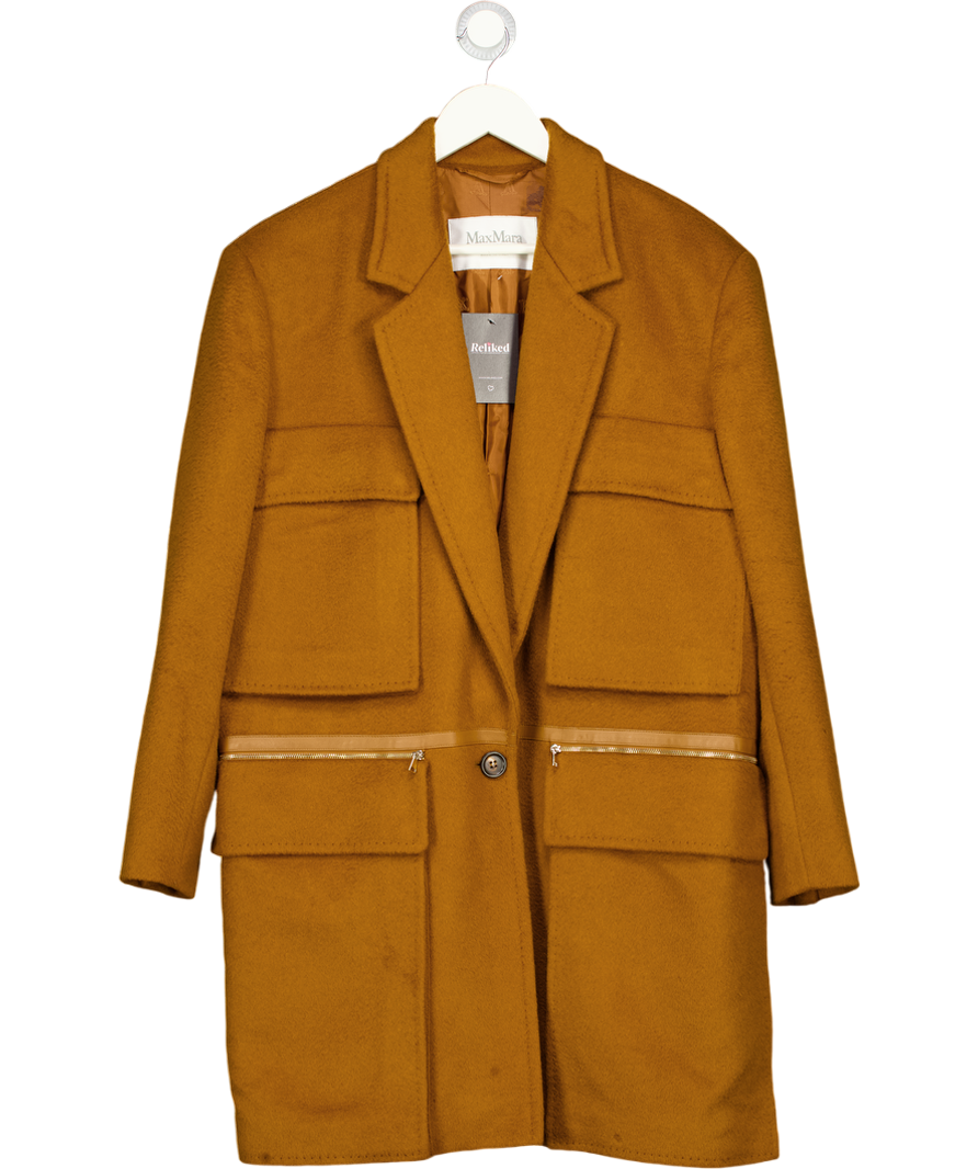 Max Mara Brown Camel Hair 3/4 Length Coat With Leather Trim UK M