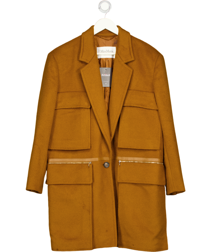 Max Mara Brown Camel Hair 3/4 Length Coat With Leather Trim UK M