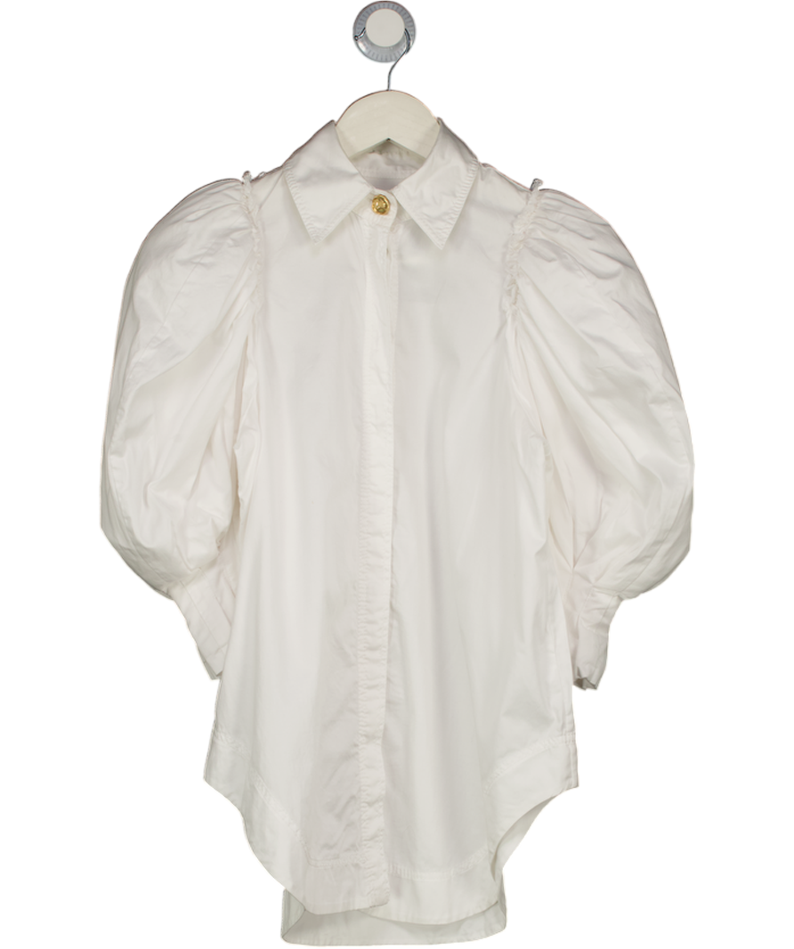 AJE. White Cotton Puff Shoulder Gold Button Rounded Hem Shirt UK 6