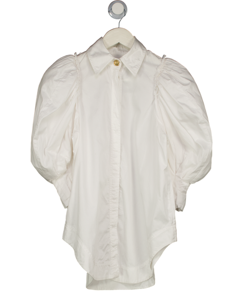 AJE. White Cotton Puff Shoulder Gold Button Rounded Hem Shirt UK 6