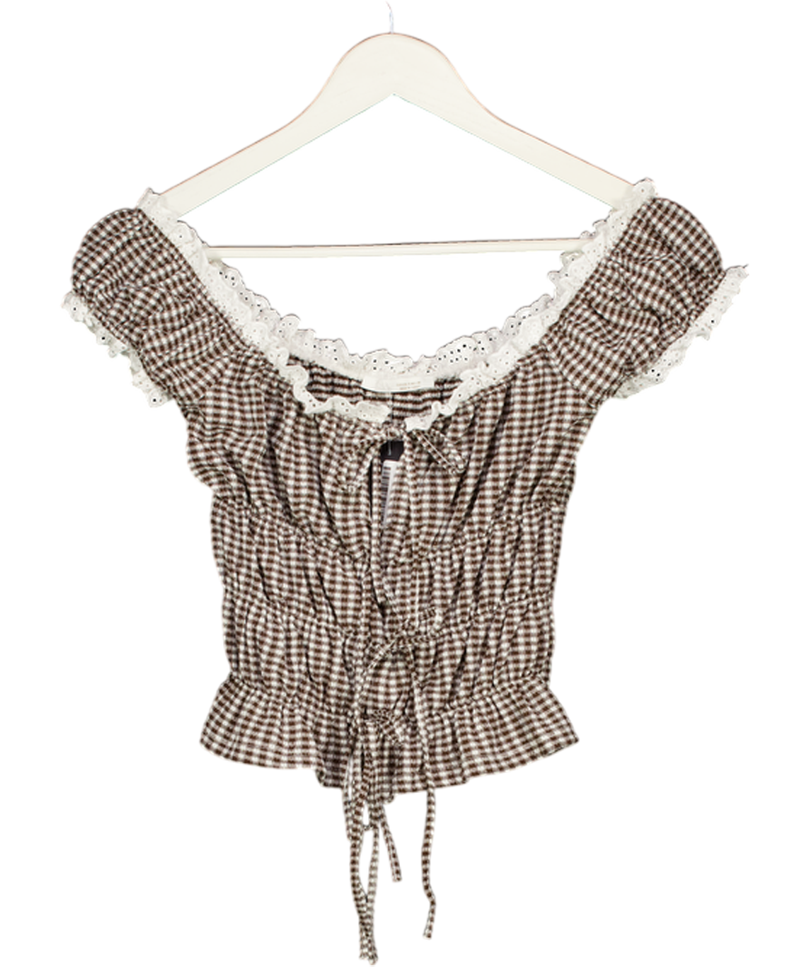 ZARA Brown / White Smocked Gingham Top UK S