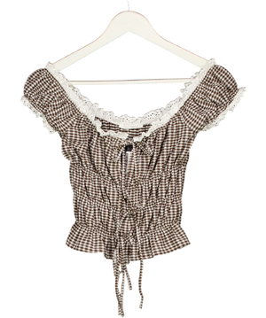 ZARA Brown / White Smocked Gingham Top UK S