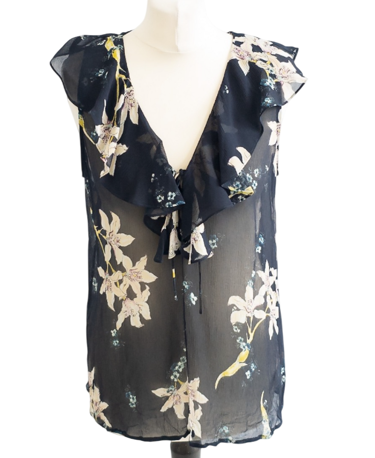 PAIGE Navy Blue Chiffon Floral Blouse UK M