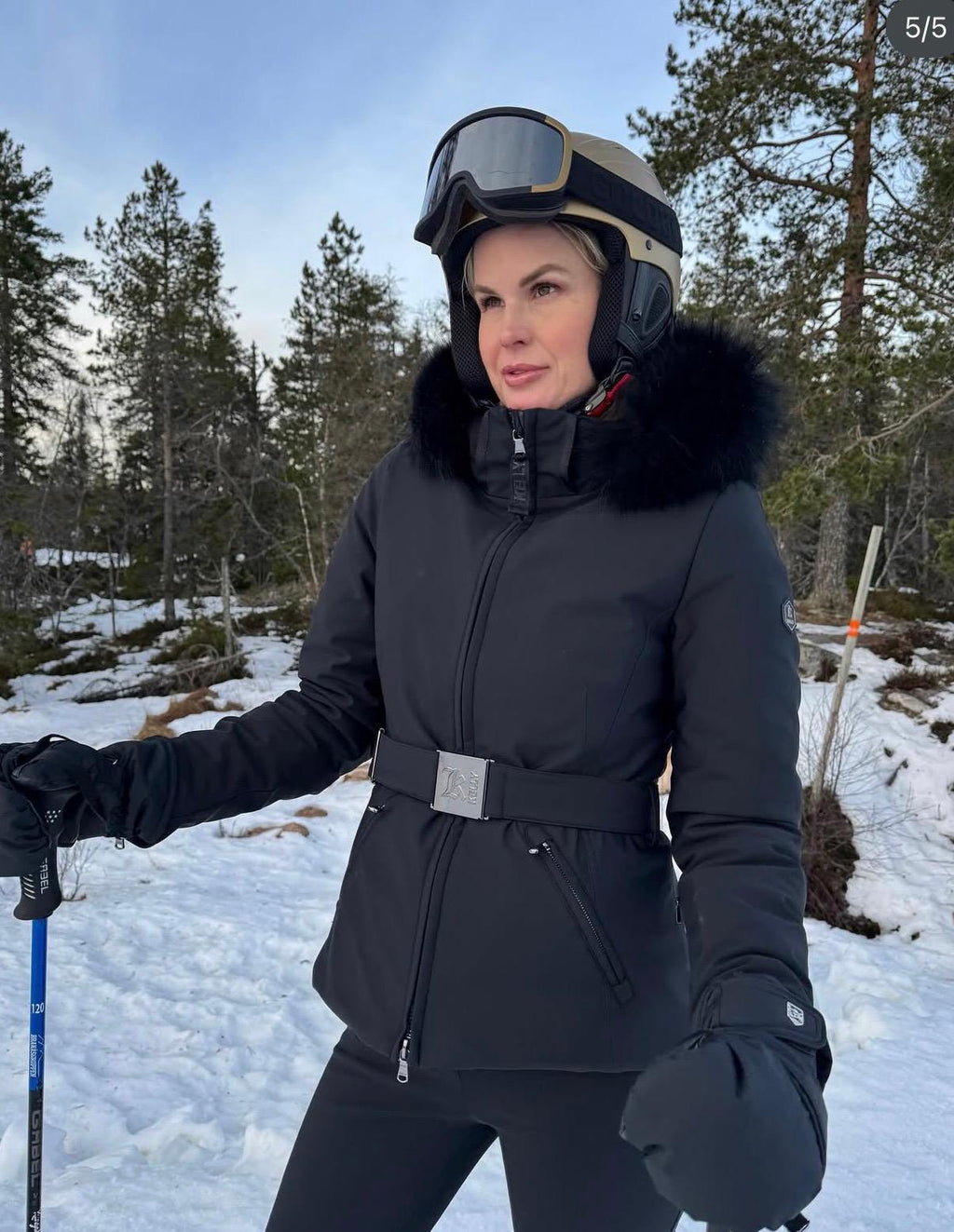 KELLY Black  Belted Ski Jacket With Fur Hood And Replacement Belt UK S/M