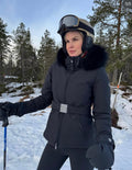 KELLY Black  Belted Ski Jacket With Fur Hood And Replacement Belt UK S/M