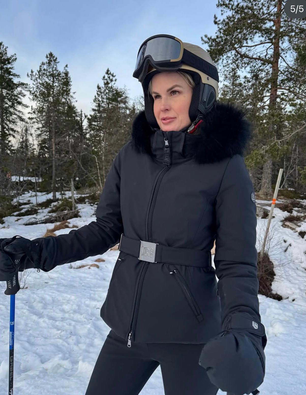 KELLY Black  Belted Ski Jacket With Fur Hood And Replacement Belt UK S/M