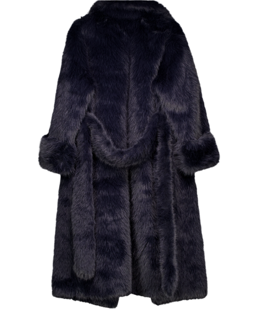 ASOS Blue Longline Belted Faux Fur Coat Navy UK L