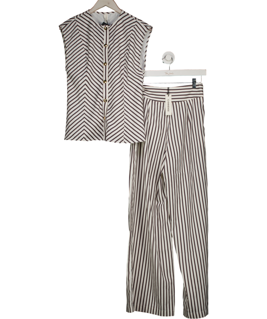 COMMENSE 2-piece Ivory White / Navy Striped Waistcoat Top And Wide Leg Trouser Set With Wide Waist Belt UK S