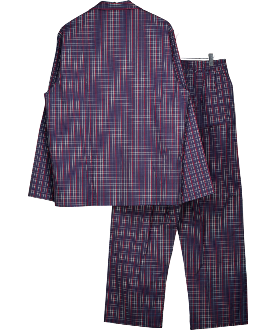 THE SAVILLE ROW COMPANY Navy Blue / Burgundy Check Cotton Pyjama Set UK L