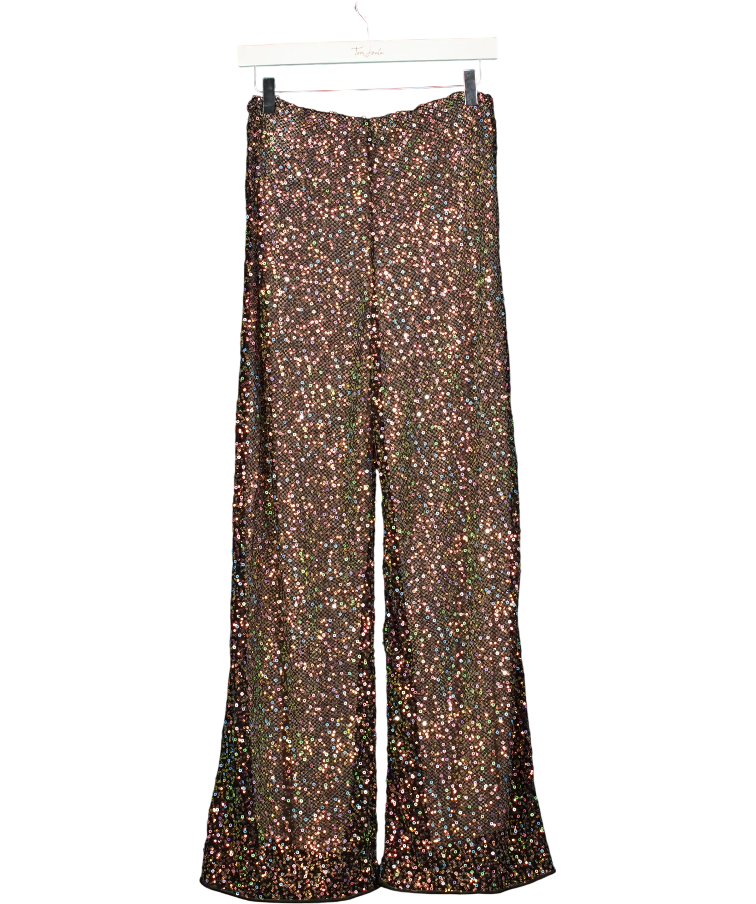 OSEREEE Metallic Black Mesh Sequin Wide Leg Trousers UK S