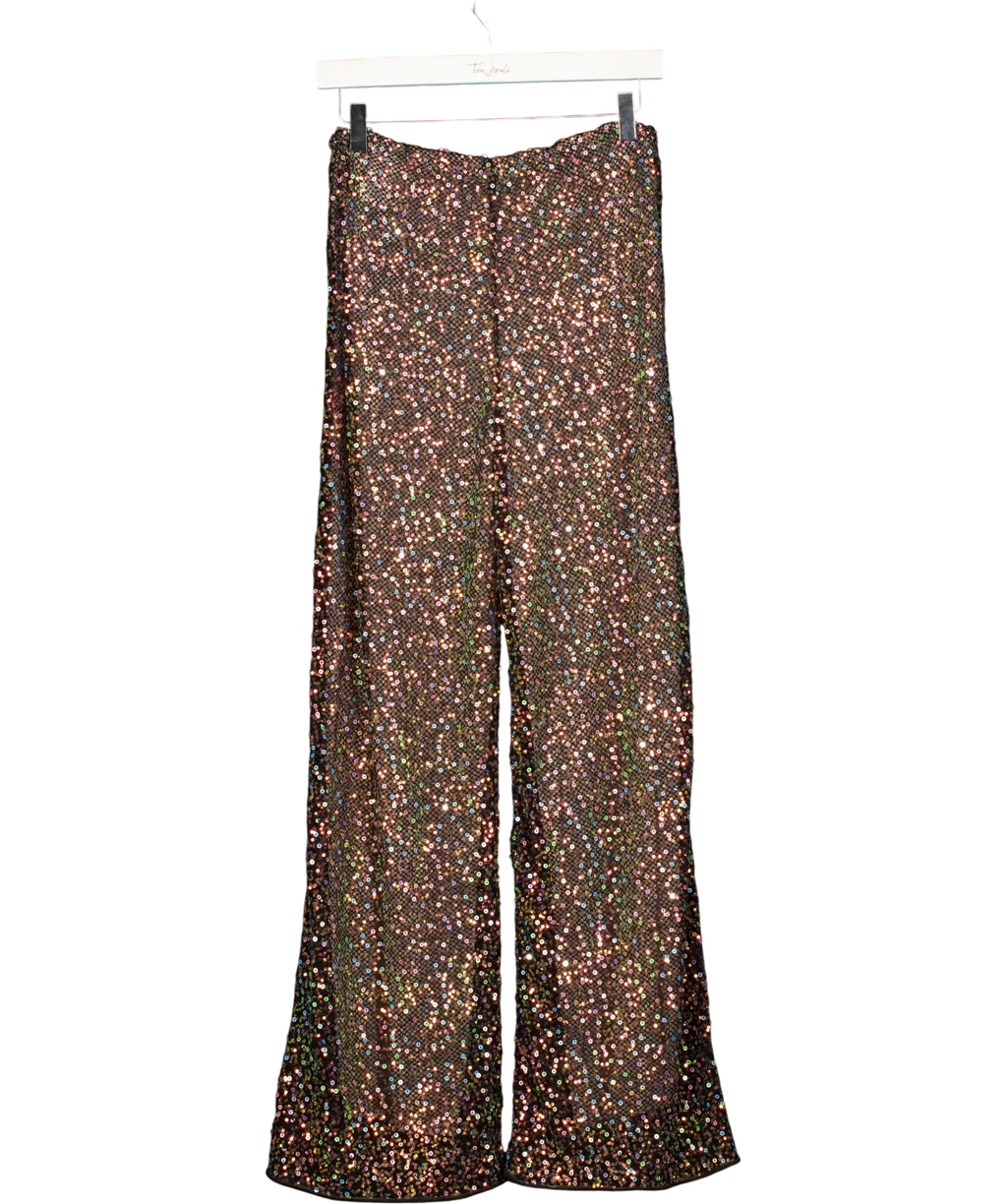 OSEREEE Metallic Black Mesh Sequin Wide Leg Trousers UK S