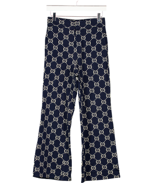 GUCCI Navy Blue GG Logo Jacquard Wide Leg Crop Trousers It42 UK 10