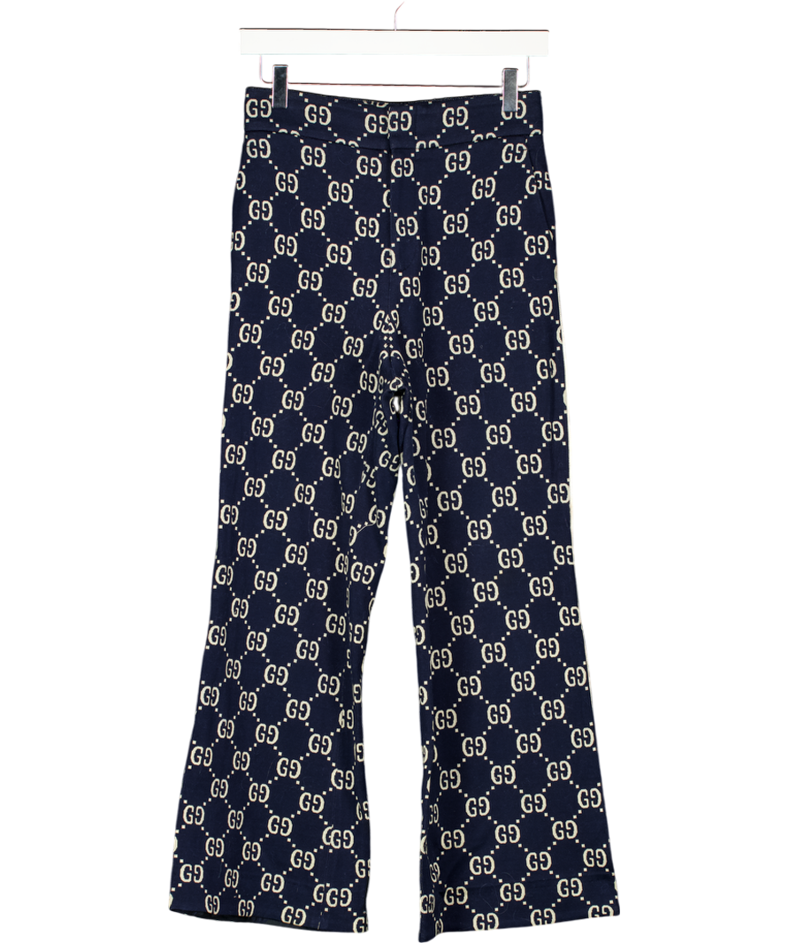GUCCI Navy Blue Gg Logo Jacquard Wide Leg Crop Trousers It42 UK 10