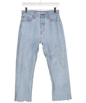LEVI'S Blue Bleached Denim 'wedgie Straight' Frayed Hem Cropped Jeans W29