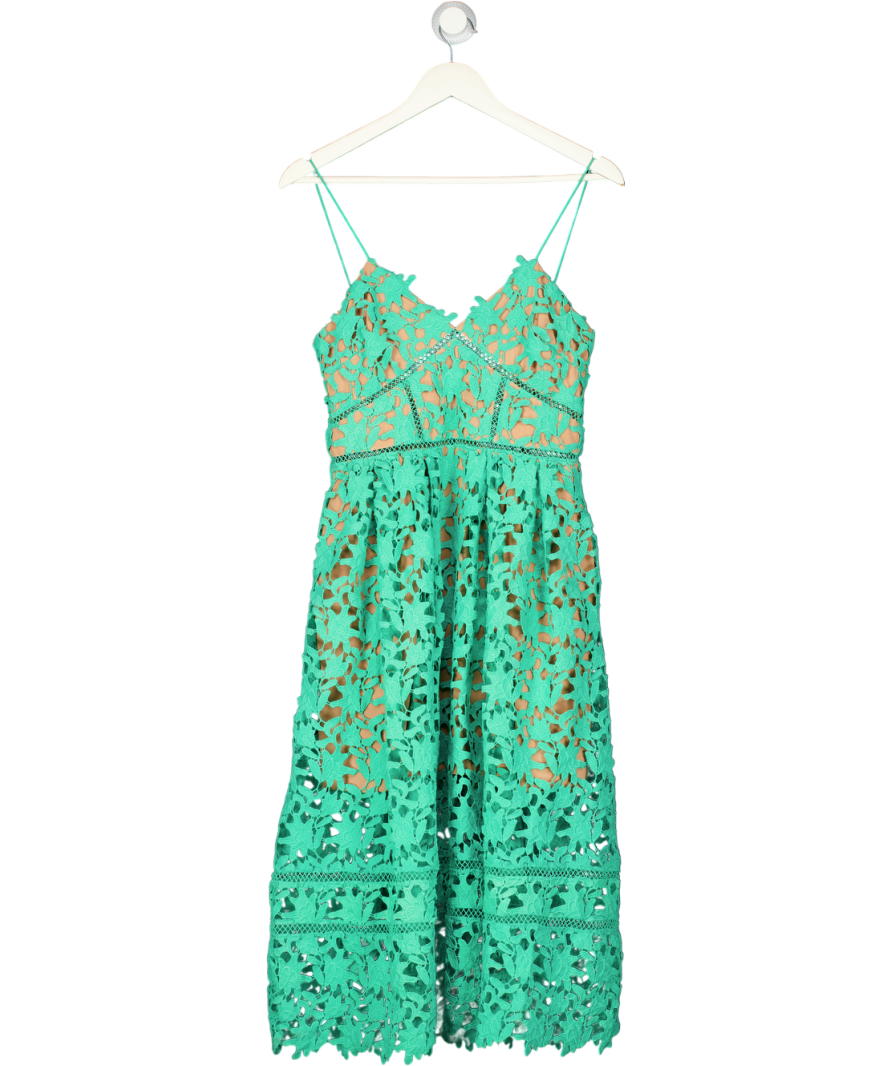 SELF PORTRAIT Green Azaelea Floral-embroidered Woven Midi Dress UK 10