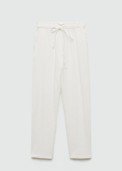 MANGO White Indie Elastic Waist Cotton Trousers UK S