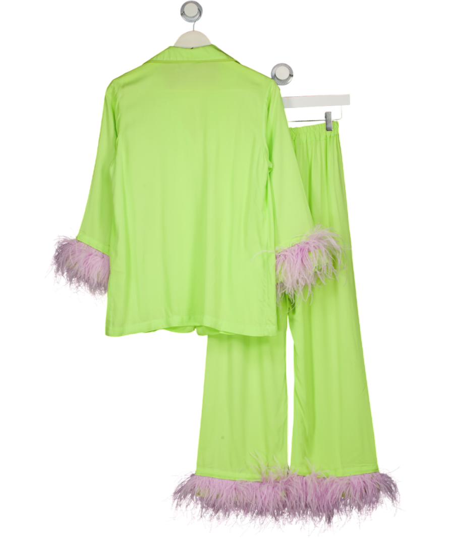 SLEEPER Green & Lavender Party Feather-trimmed Crepe De Chine Pyjama Set UK XS