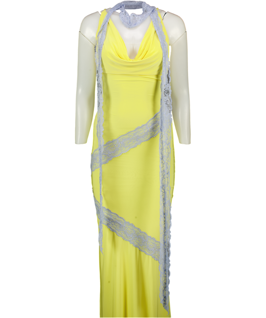 ASOS Lace Cut About Slinky Maxi Dress With Scarf Detail In Lemon Yellow UK XS