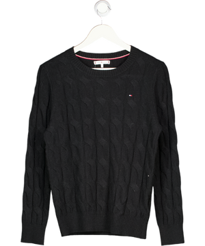 Tommy Hilfiger Black 100% Wool Flag Embroidery Cable Knit Jumper UK M