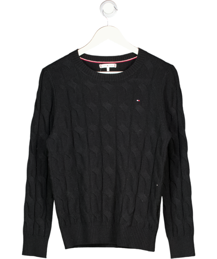 Tommy Hilfiger Black 100% Wool Flag Embroidery Cable Knit Jumper UK M