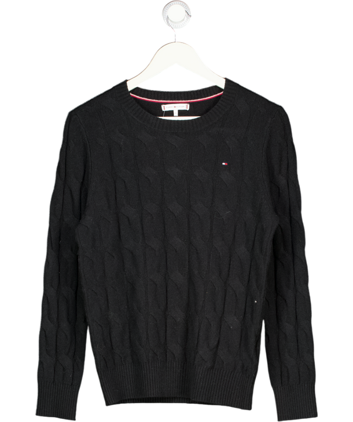 Tommy Hilfiger Black 100% Wool Flag Embroidery Cable Knit Jumper UK M