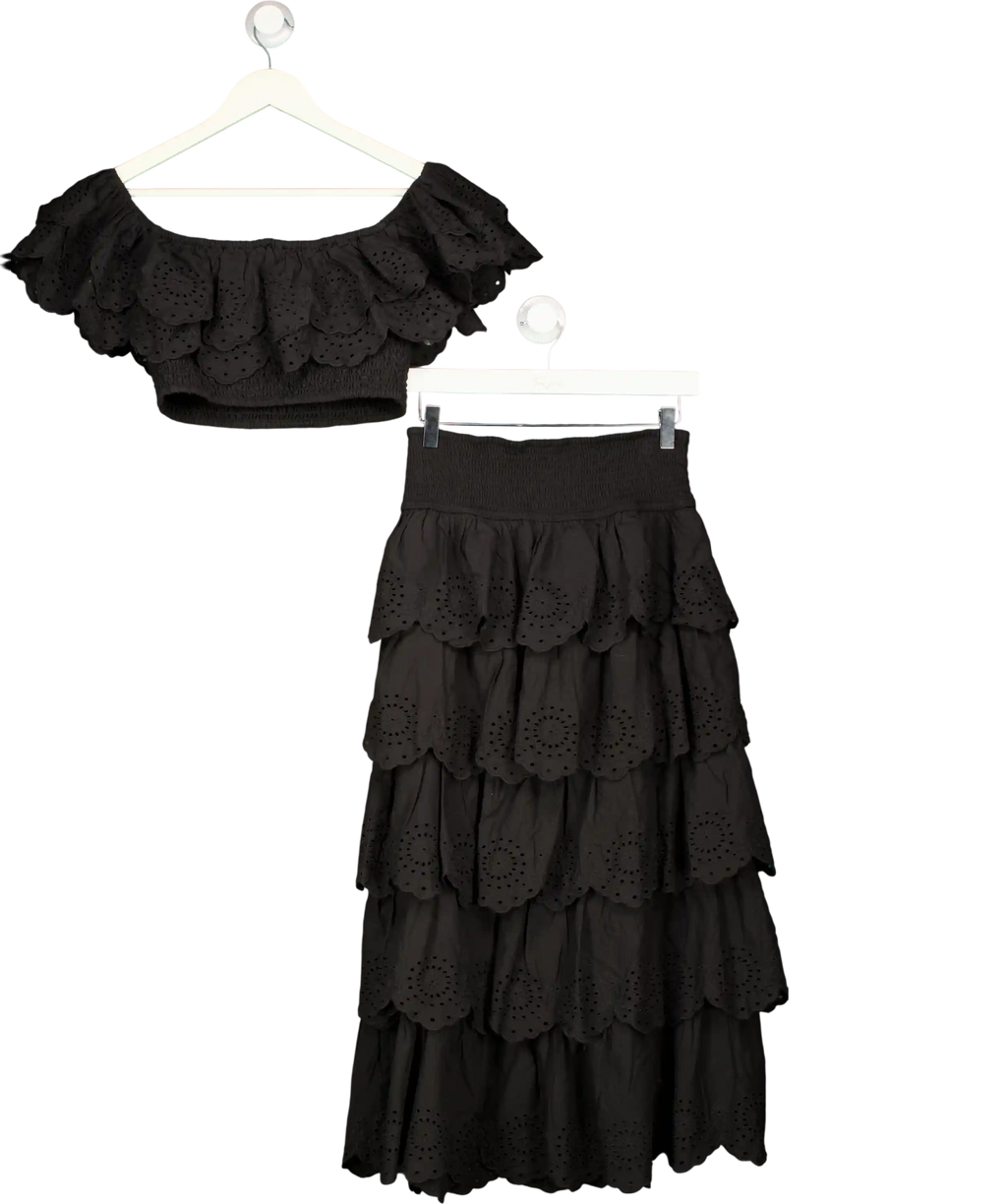 Club L Vista Black Broderie Ruffled Tiered Maxi Skirt And Crop Top Set UK 10