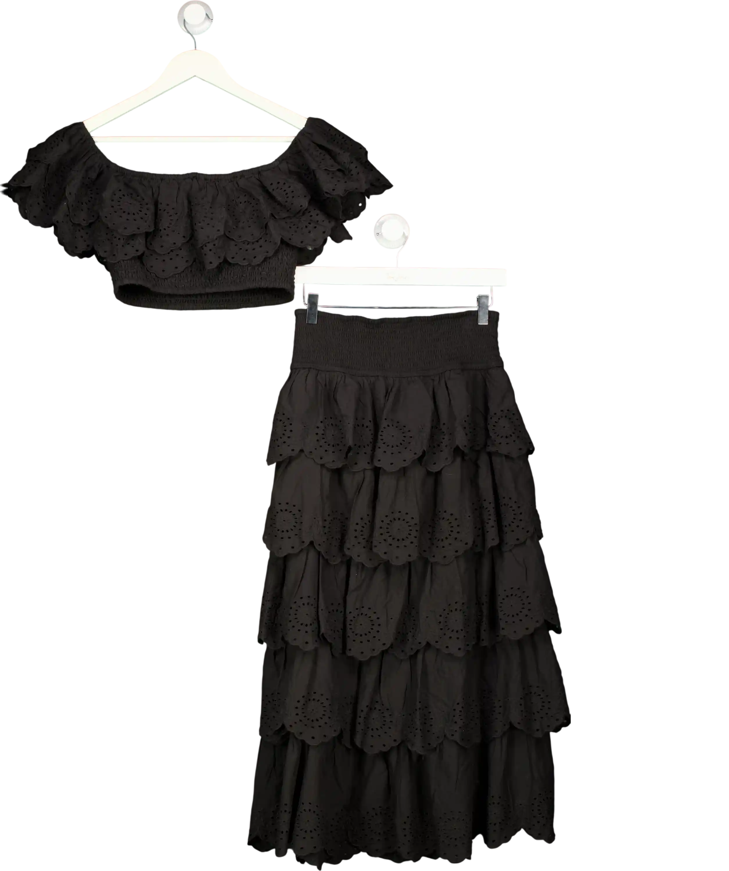 Club L Vista Black Broderie Ruffled Tiered Maxi Skirt And Crop Top Set UK 10