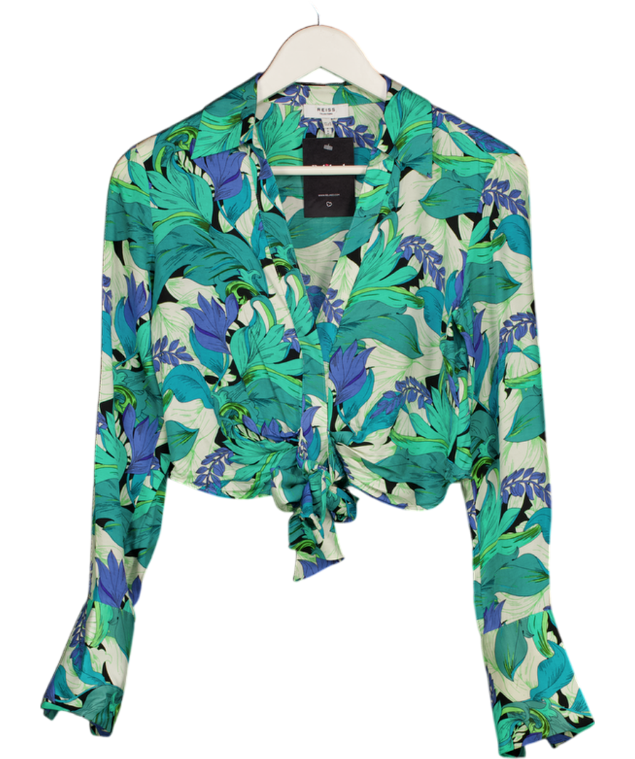 REISS Green Dana Floral Print Tie Front Cropped Blouse UK 6