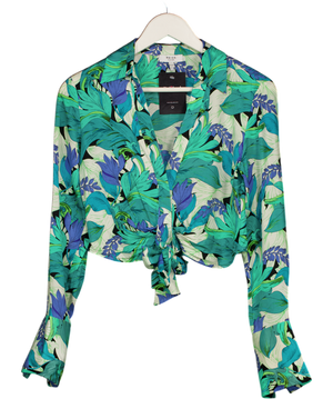 REISS Green Dana Floral Print Tie Front Cropped Blouse UK 6