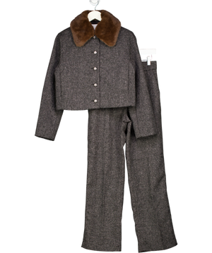 H&M 2-piece Black Boucle Fur Collar Jacket And Marl Tailored Trousers Set UK XS/S