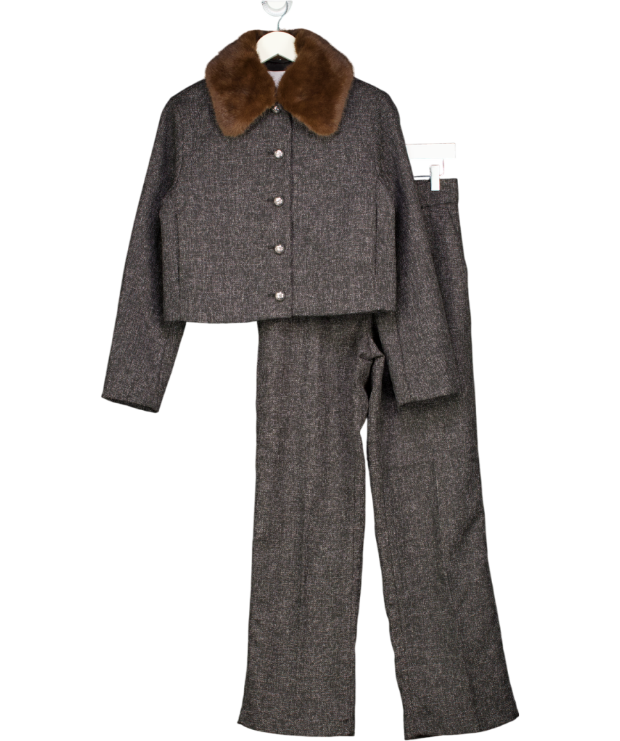 H&M 2-piece Black Boucle Fur Collar Jacket And Marl Tailored Trousers Set UK XS/S