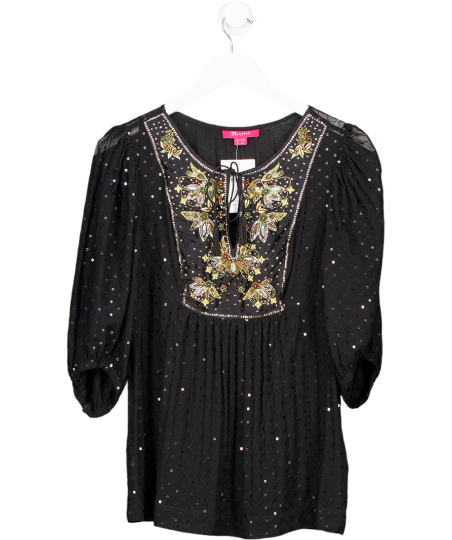Monsoon Black Embroidered Sequin Embellished Boho Top UK 10