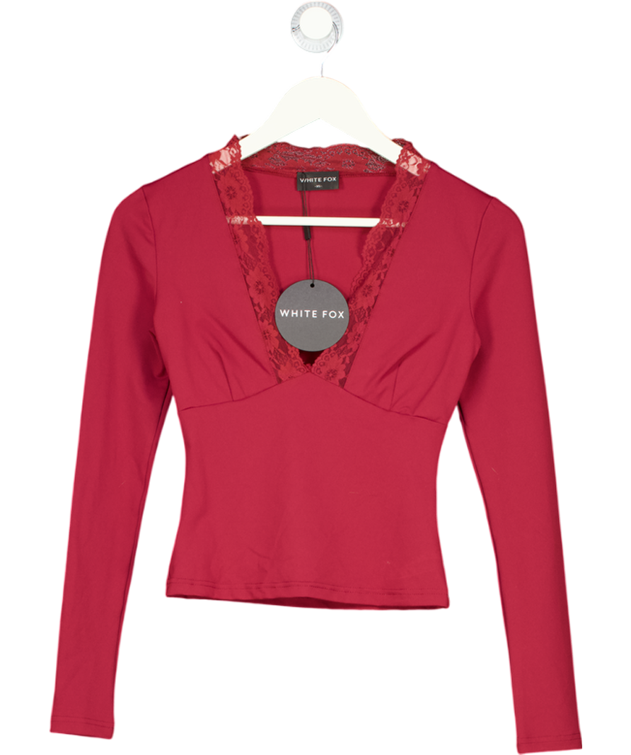 WHITE FOX Knew That All Along Lace Trim Long Sleeve Top Wine Red UK XS