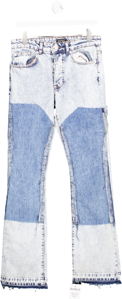 boohooMan Blue Slim Rigid Flare Panel Distressed Jeans UK 12