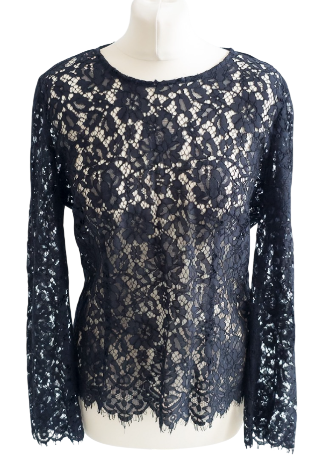 J.crew Navy Blue Boatneck Floral Lace Shirt UK 8