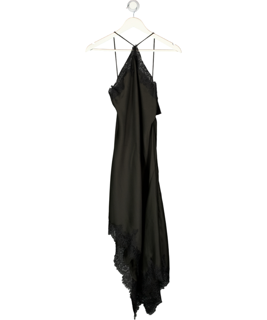 ZARA Black Satin & Lace Halterneck Asymmetric Slip Dress UK XS