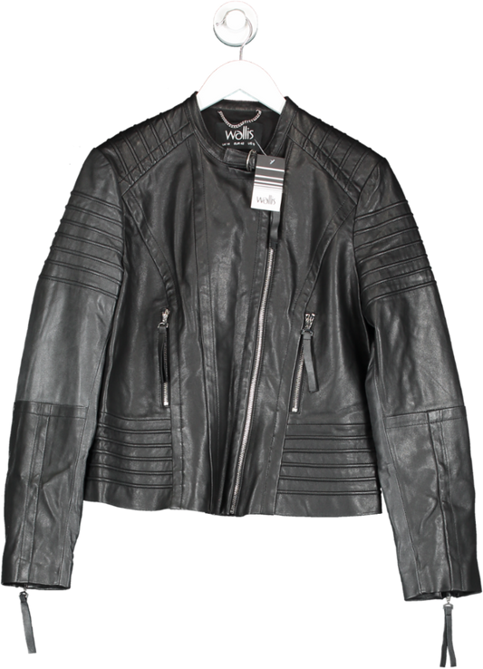 Wallis Black Round Neck Real Leather Biker Jacket UK 14