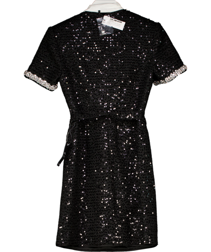 Karen Millen Black Tailored Sequin Tweed Tie Bow Neck Embellished Mini Dress (bow Is Removable) UK 6