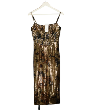 RARE LONDON Metallic Gold Sequin Floral Corset Midi Dress UK 8